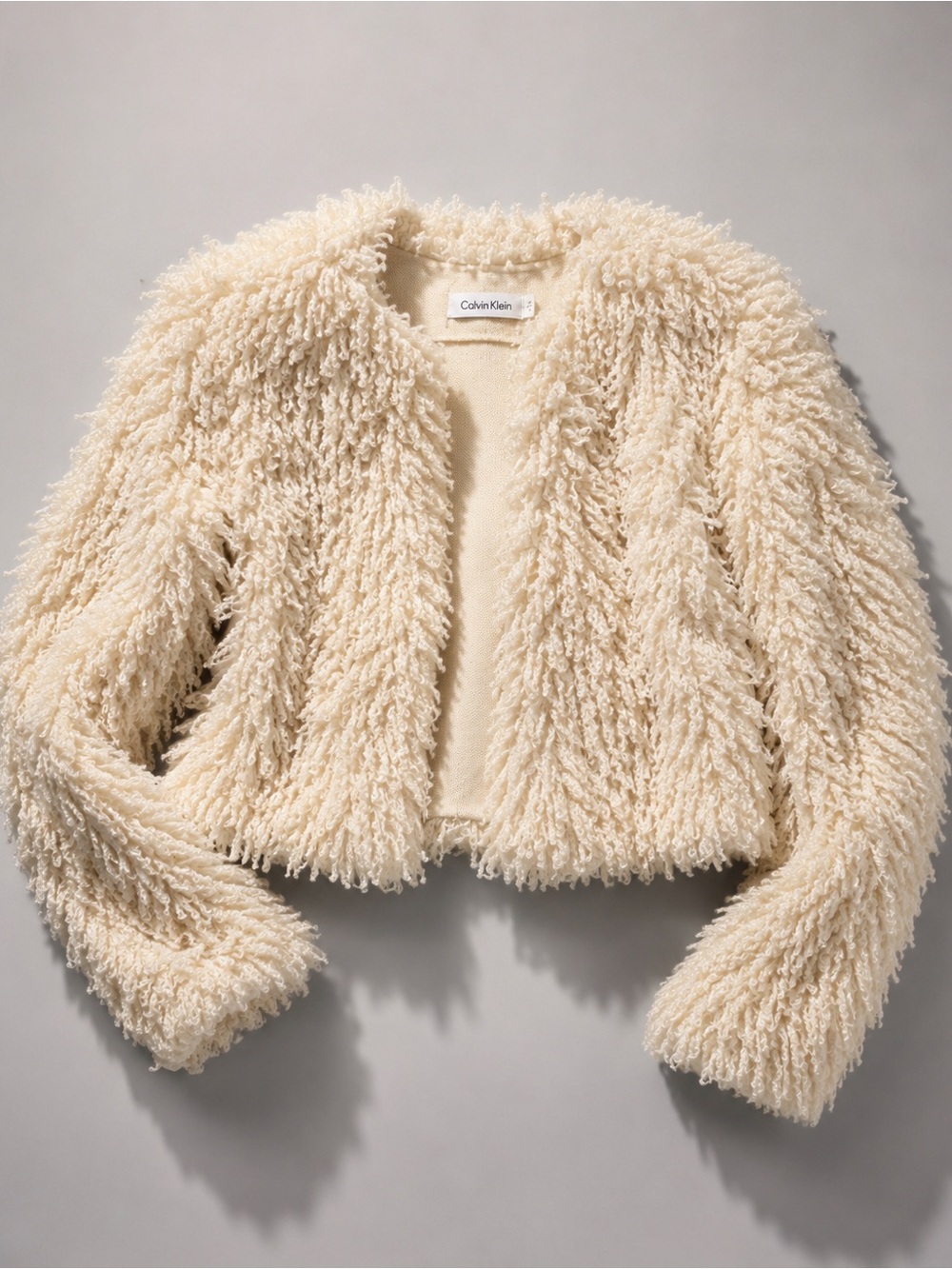 Vintage Calvin Klein Cream Faux-Fur Cropped Jacket (Size L)